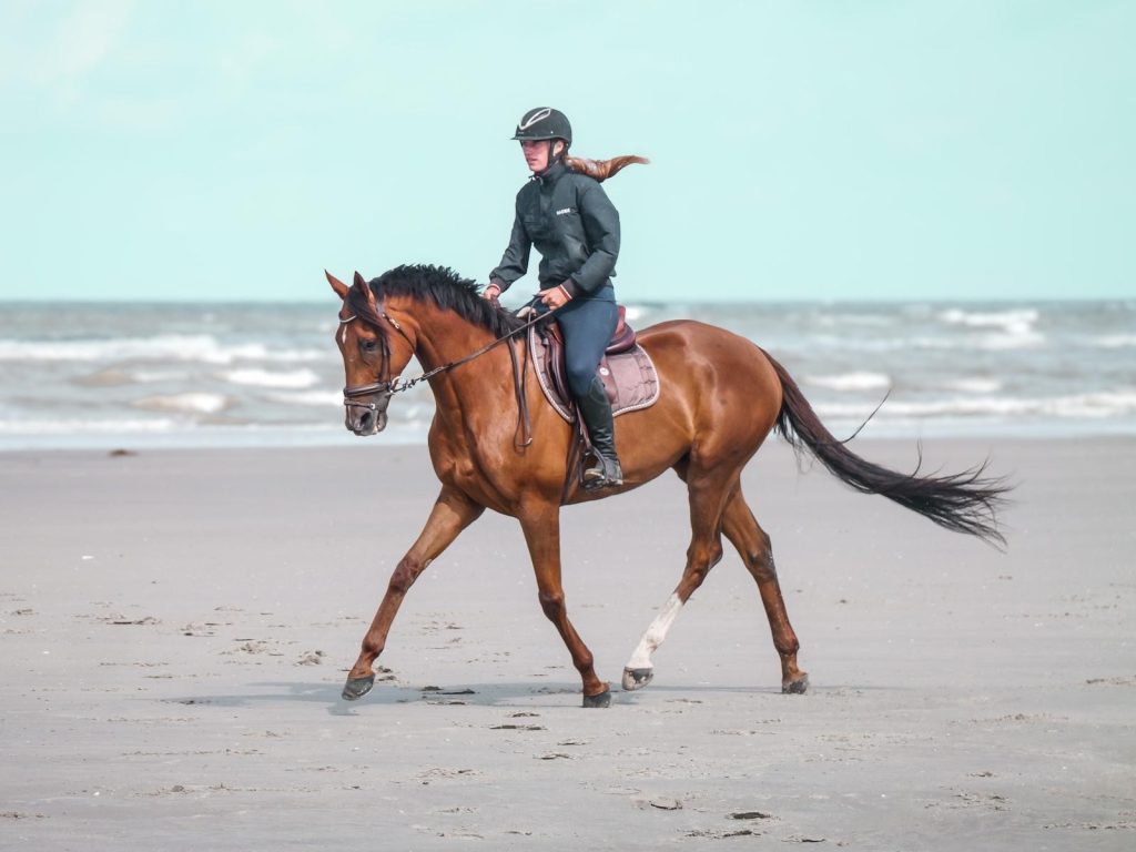 Naomie, monitrice d’équitation aux Écuries des Mottes, en balade équestre sur la plage avec son cheval