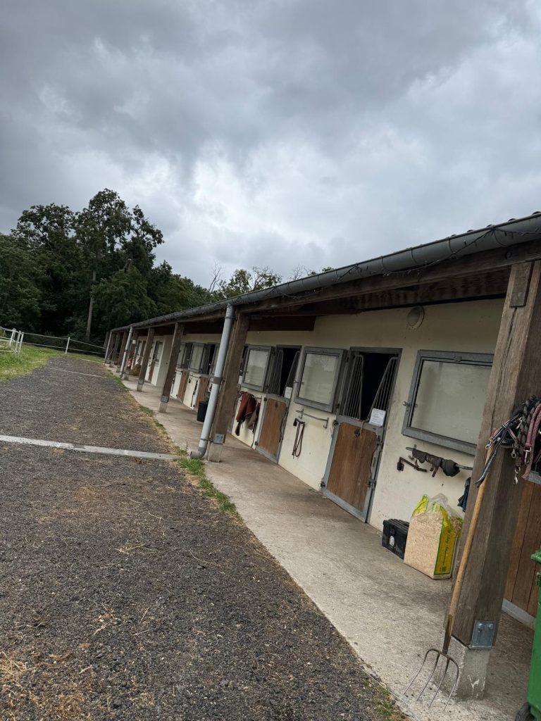 Écuries en box de la pension cheval Val-d’Oise sous un ciel nuageux