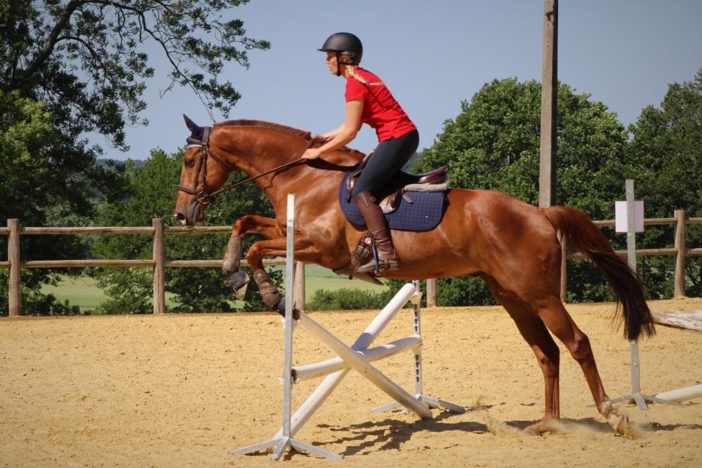 Gérante d’écurie dans le Val-d’Oise en train de sauter un obstacle avec son cheval sur une carrière extérieure